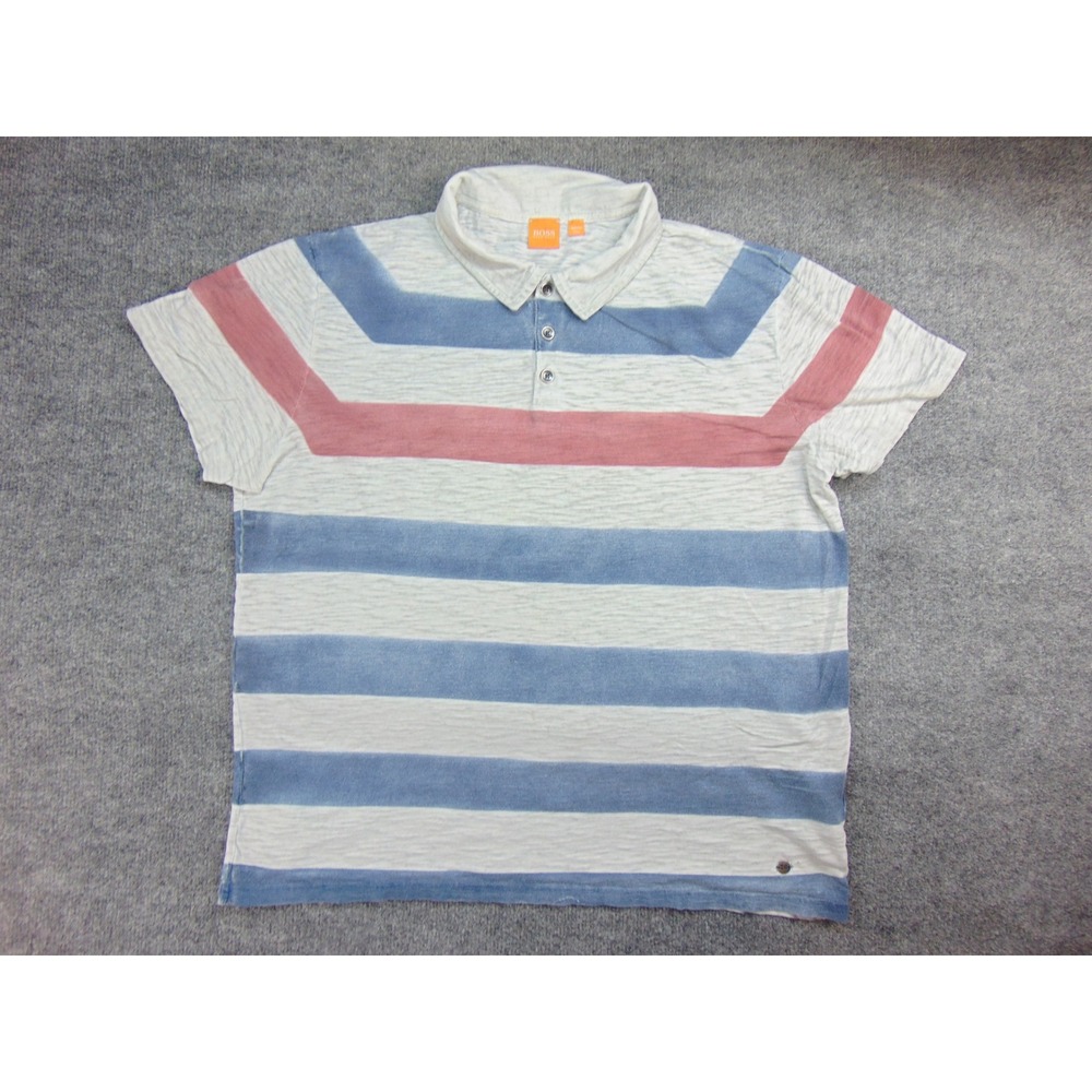 Hugo Boss Polo Shirt Mens XL Petto Blue White Striped Slub Knit Short Sleeve